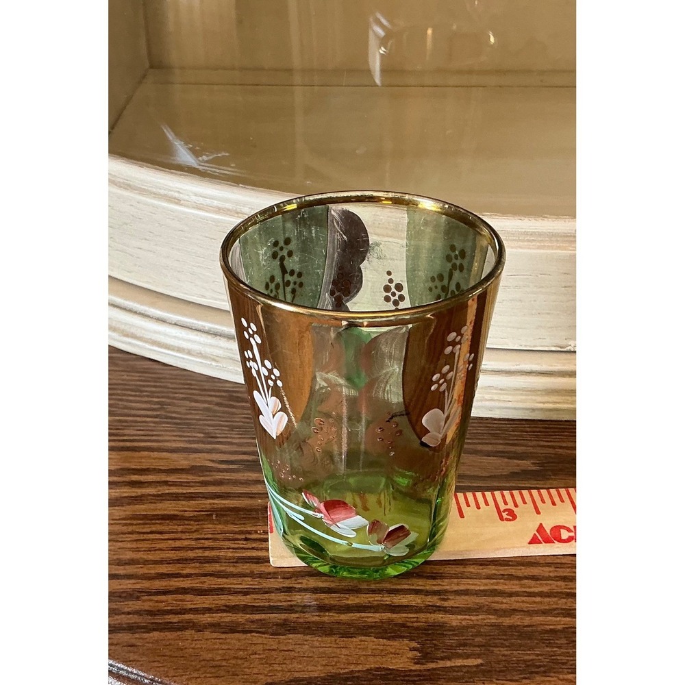 Vintage Bohemian Green Glass Pitcher & 6 Glasses Hand Painted Floral Gold Set - Picture 12 of 16